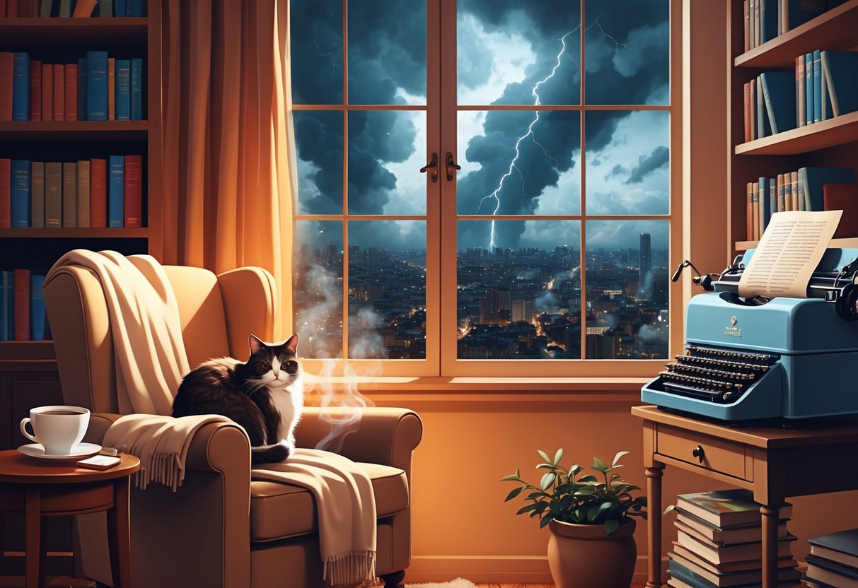 A cozy armchair with a cat and a steaming cup of tea inside a warm room, with a stormy city visible through the window.