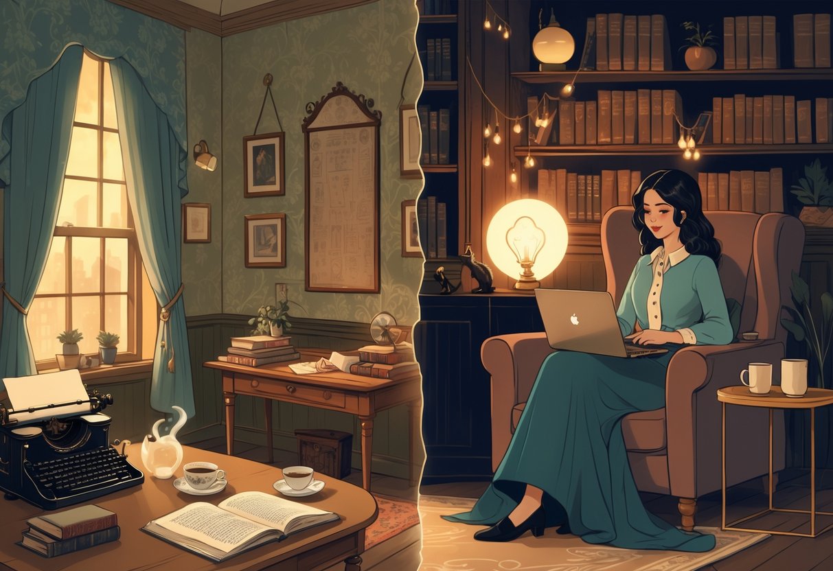 A split scene showing a vintage 1920s woman detective in a warm drawing room on the left, and a modern woman with witchy items like a black cat and spell books on the right.