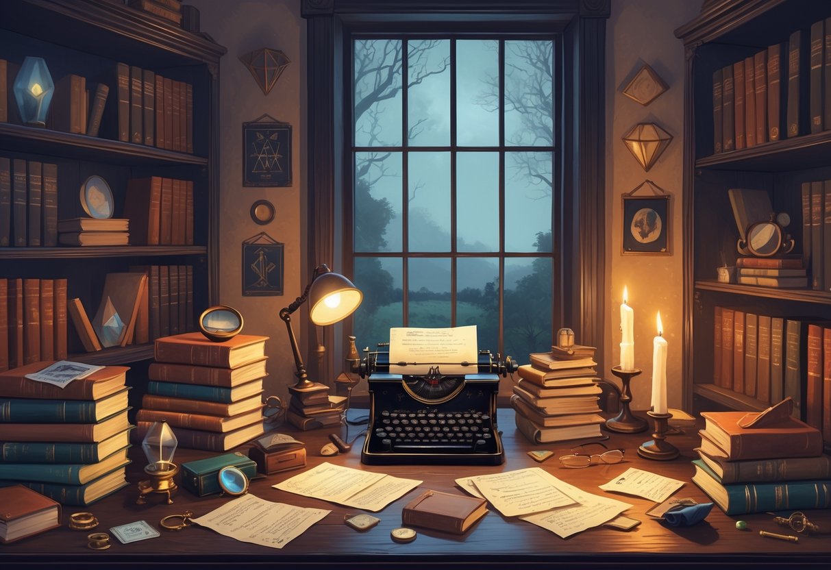 A cozy study room with a wooden desk holding typewriters, books, magnifying glasses, and mystical items like crystals and tarot cards, with a foggy countryside visible through a window.