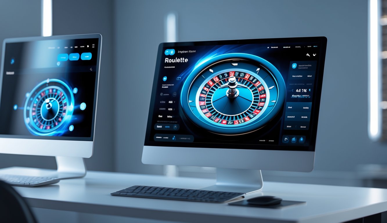 Sebuah komputer desktop dan ponsel menampilkan roda roulette online yang sedang berputar secara real-time di atas meja minimalis.