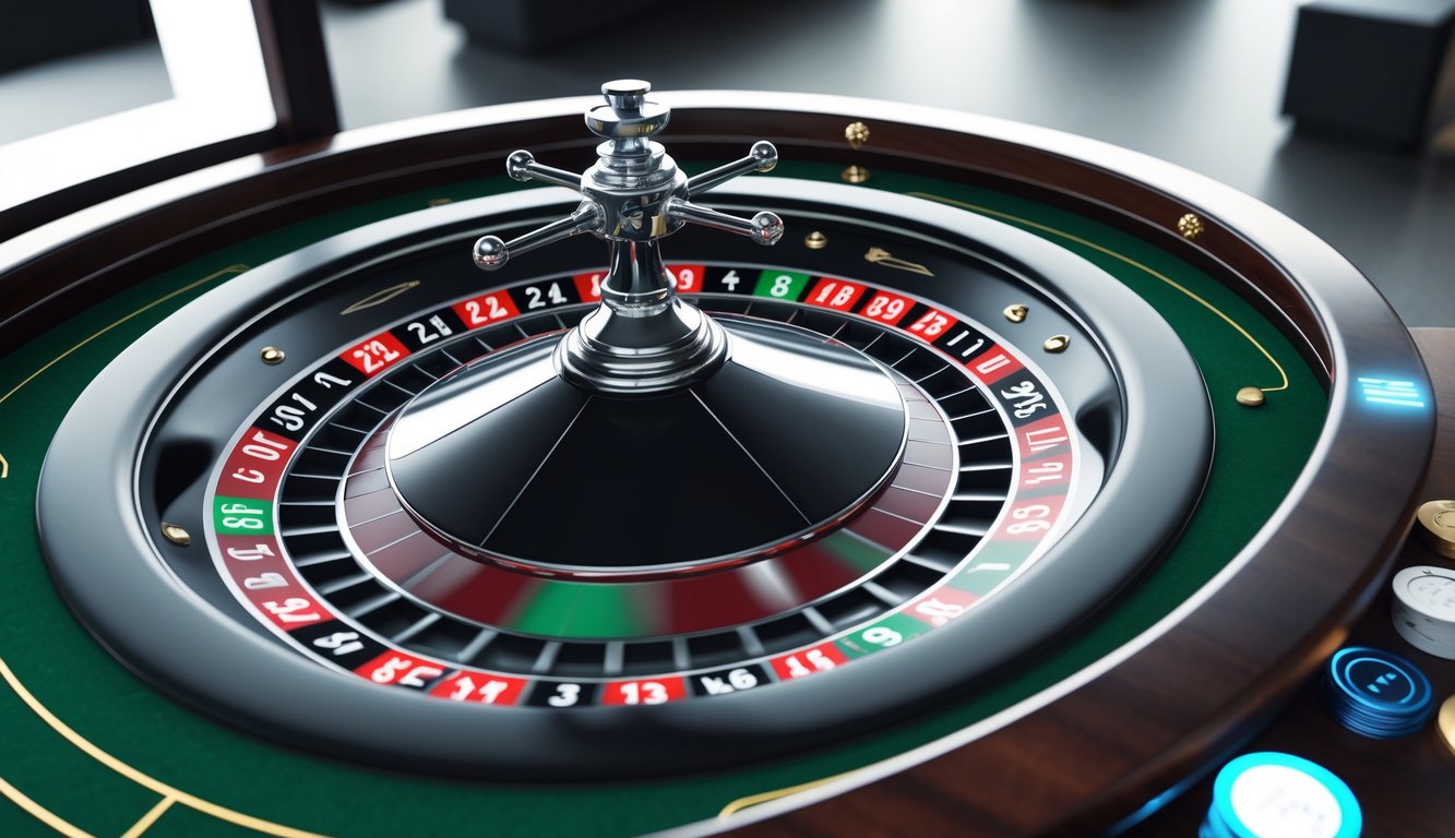 Meja roulette online interaktif dengan roda roulette berwarna merah, hitam, dan hijau yang berputar, serta tampilan meja taruhan yang jelas dan elegan.