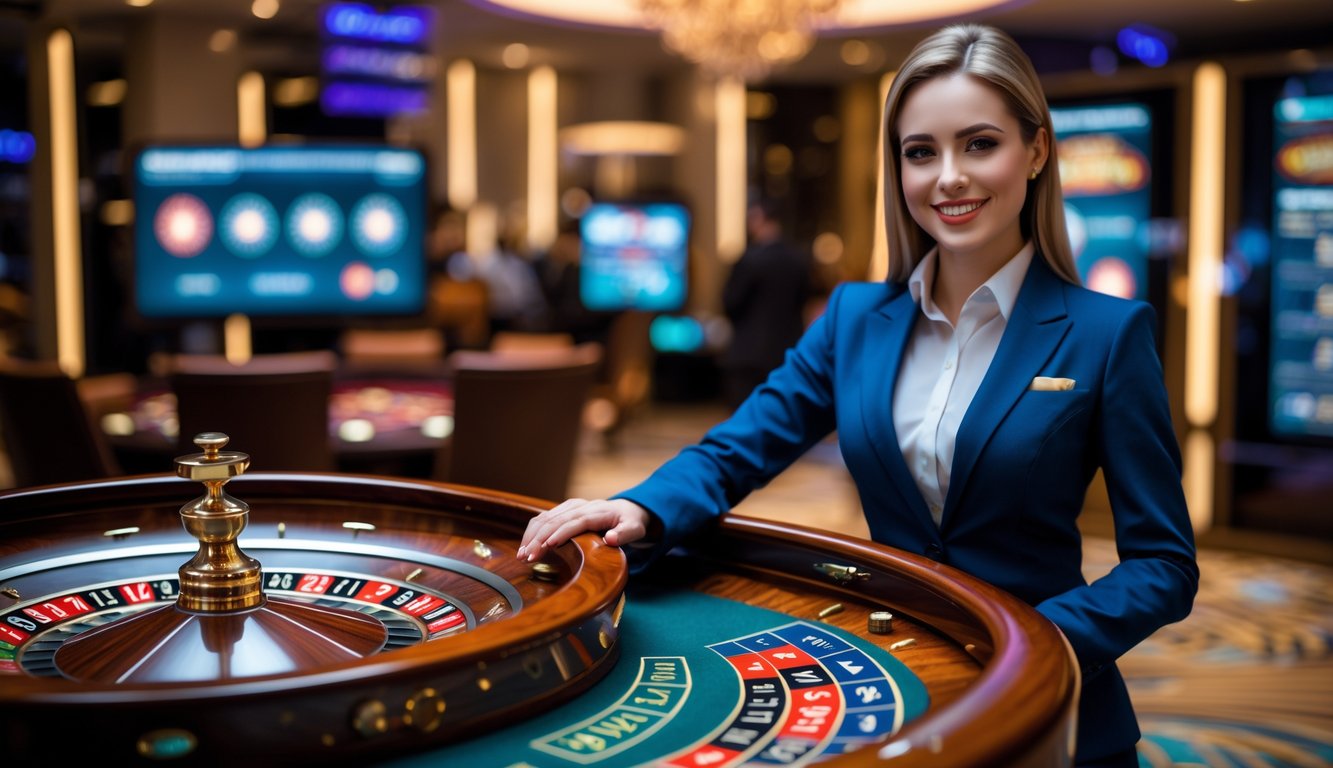 Seorang dealer profesional berdiri di belakang meja roulette dengan roda roulette yang sedang berputar di kasino modern.