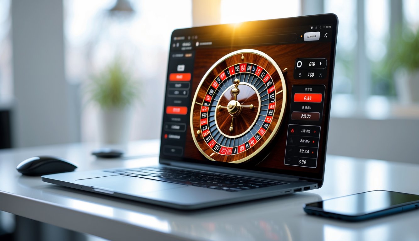 Layar laptop menampilkan permainan roulette online dengan roda roulette dan bola putih, di atas meja dengan aksesori teknologi minimalis.