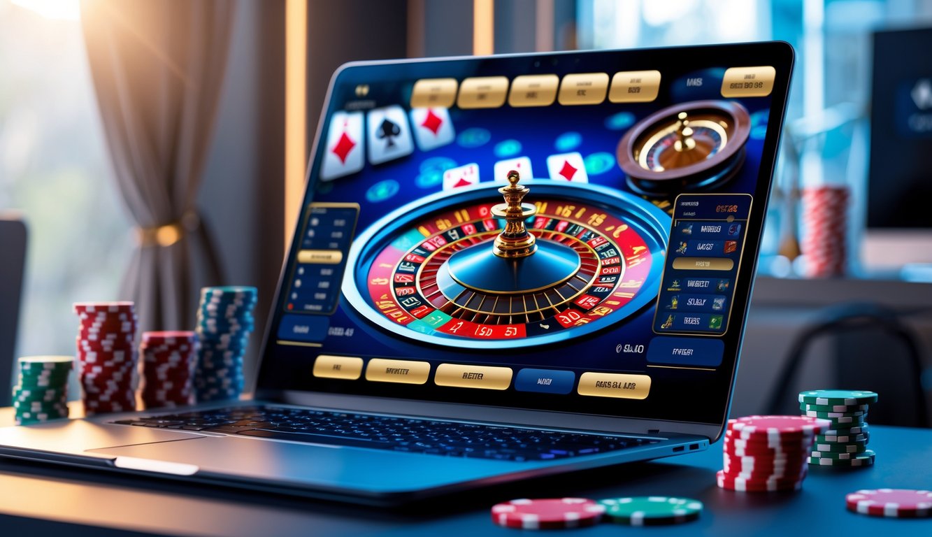 Layar laptop menampilkan permainan roulette online dengan berbagai mode permainan, di dalam ruangan modern dengan elemen kasino samar di latar belakang.