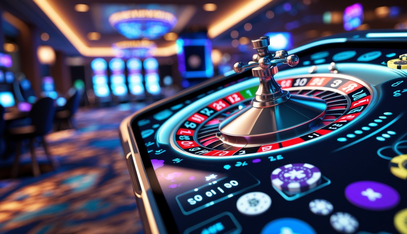 Sebuah layar perangkat digital menampilkan roda roulette online yang berputar dengan grafik taruhan dan chip warna-warni di latar kasino yang remang-remang.
