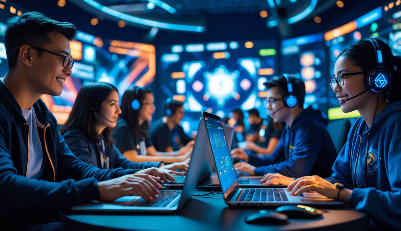 Beberapa pemain sedang asyik bermain berbagai mode permainan online di perangkat digital di sebuah arena permainan.