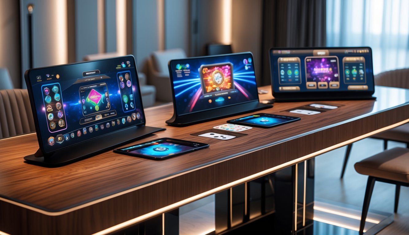 Meja permainan Ceme online interaktif dengan tampilan meja yang elegan dan layar digital di ruangan yang rapi.