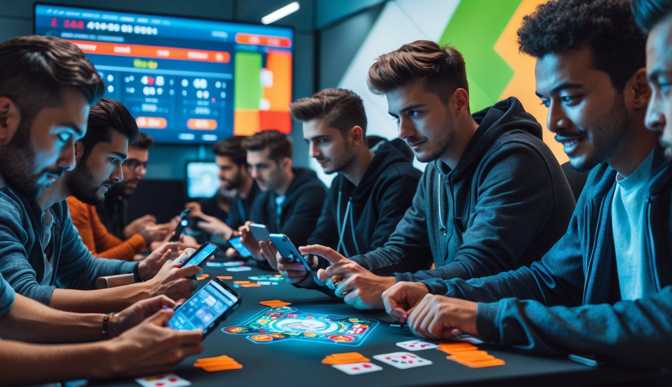 Sekelompok orang muda bermain permainan kartu online dengan serius dan antusias di ruangan modern yang terang.