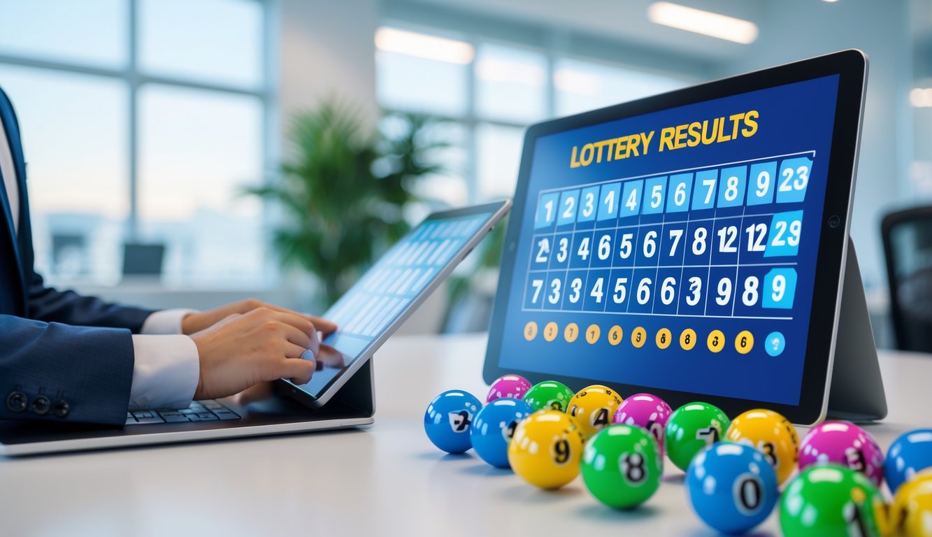 Seorang profesional sedang melihat angka undian dengan bola lotre berwarna-warni di meja dalam ruangan kantor yang terang.