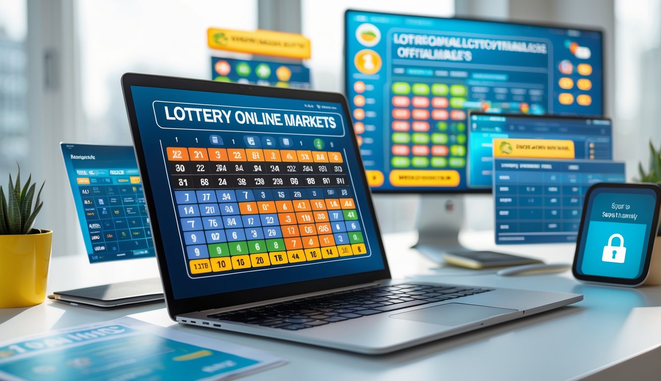 Sebuah ruang kerja modern dengan laptop yang menampilkan antarmuka lotere online berwarna-warni dan beberapa layar digital di sekitarnya, menggambarkan platform togel online terpercaya dengan berbagai pasaran resmi.