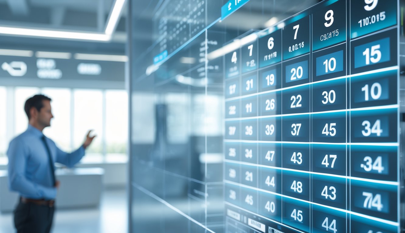 Seorang profesional menggunakan layar sentuh digital dengan jadwal dan angka undian yang ditampilkan secara teratur di kantor modern.