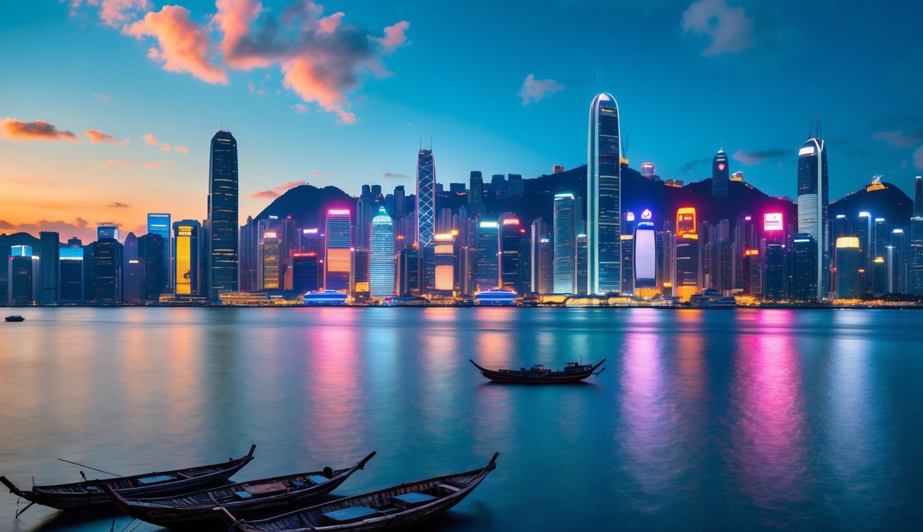 Pemandangan cakrawala kota Hong Kong dengan gedung pencakar langit dan perahu tradisional di pelabuhan pada waktu senja.