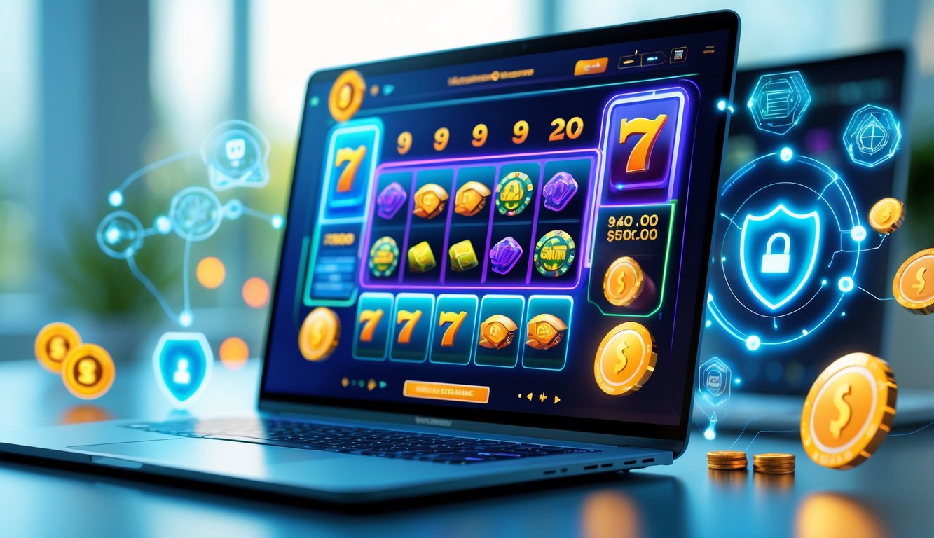 Seorang pengguna sedang bermain game slot online inovatif di komputer dengan latar belakang teknologi modern.