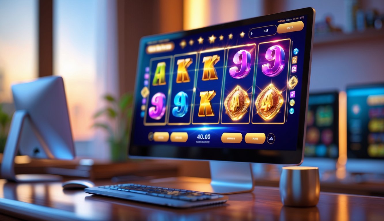 Tampilan antarmuka permainan slot online dengan grafis berkualitas tinggi pada komputer dan ponsel di atas meja kayu.