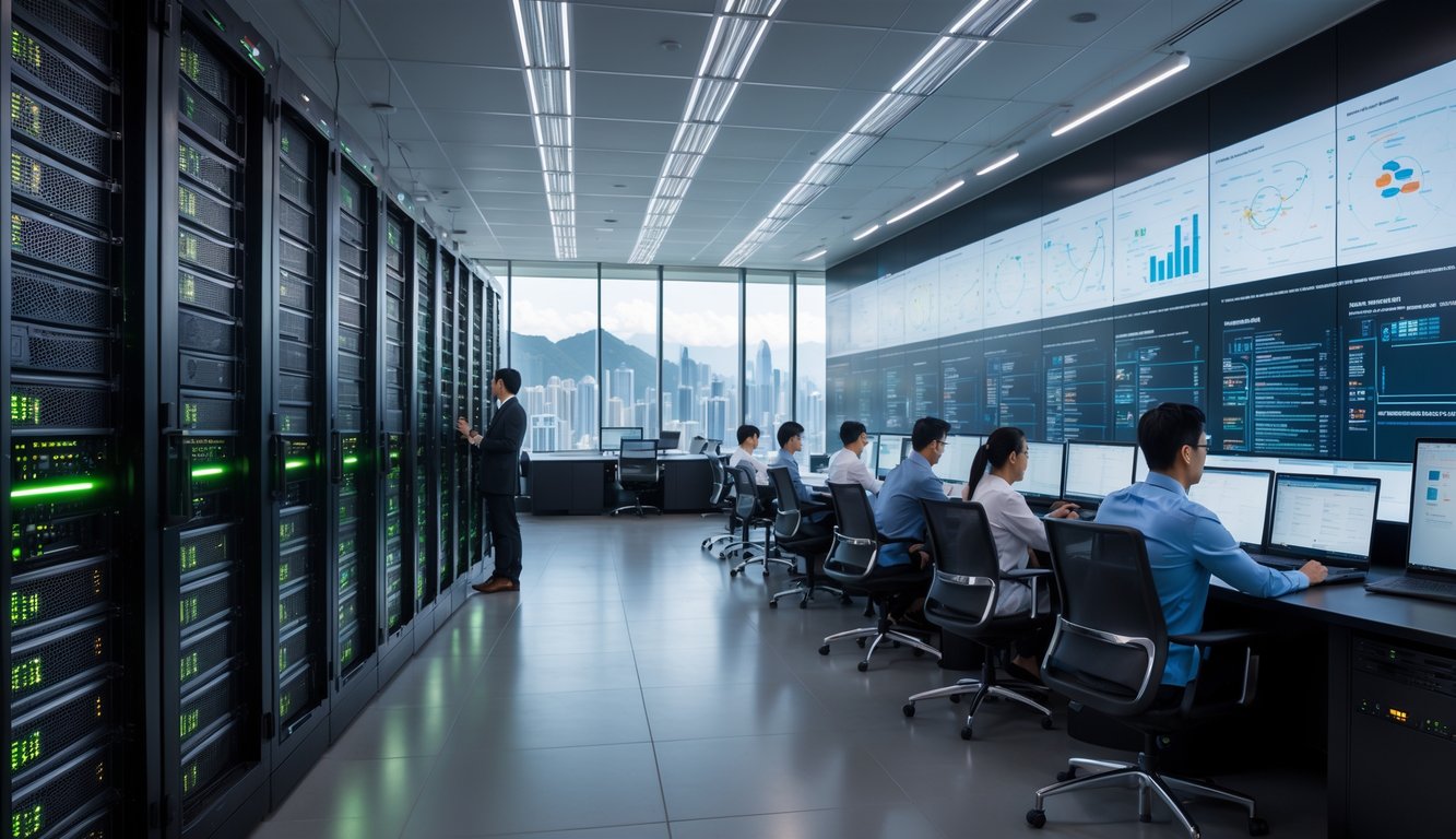 Orang-orang bekerja di pusat data modern dengan rak server dan layar digital, dengan pemandangan kota Hong Kong di latar belakang.