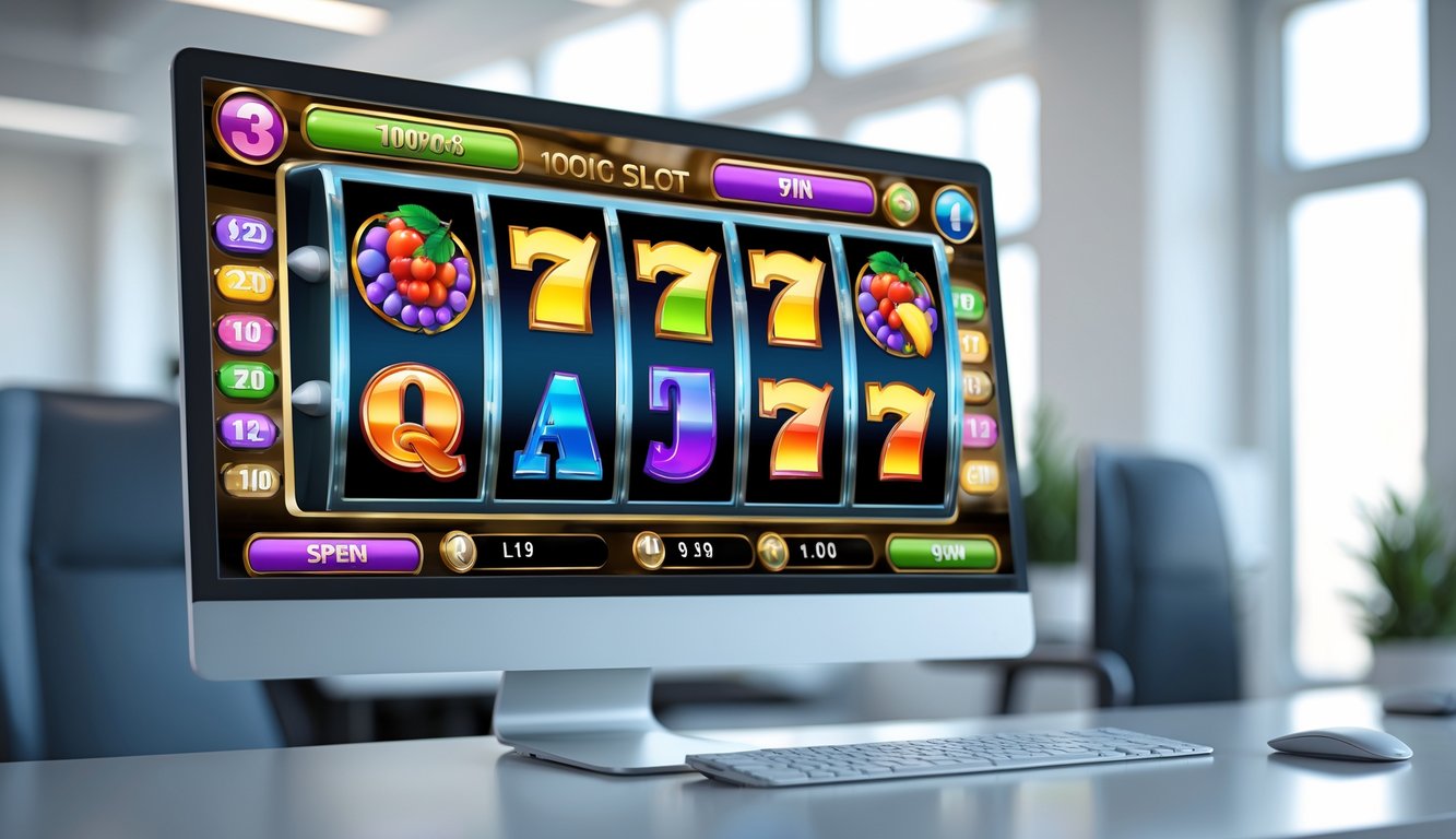 Layar komputer menampilkan mesin slot online modern dengan gulungan berputar stabil di lingkungan kantor yang terang.