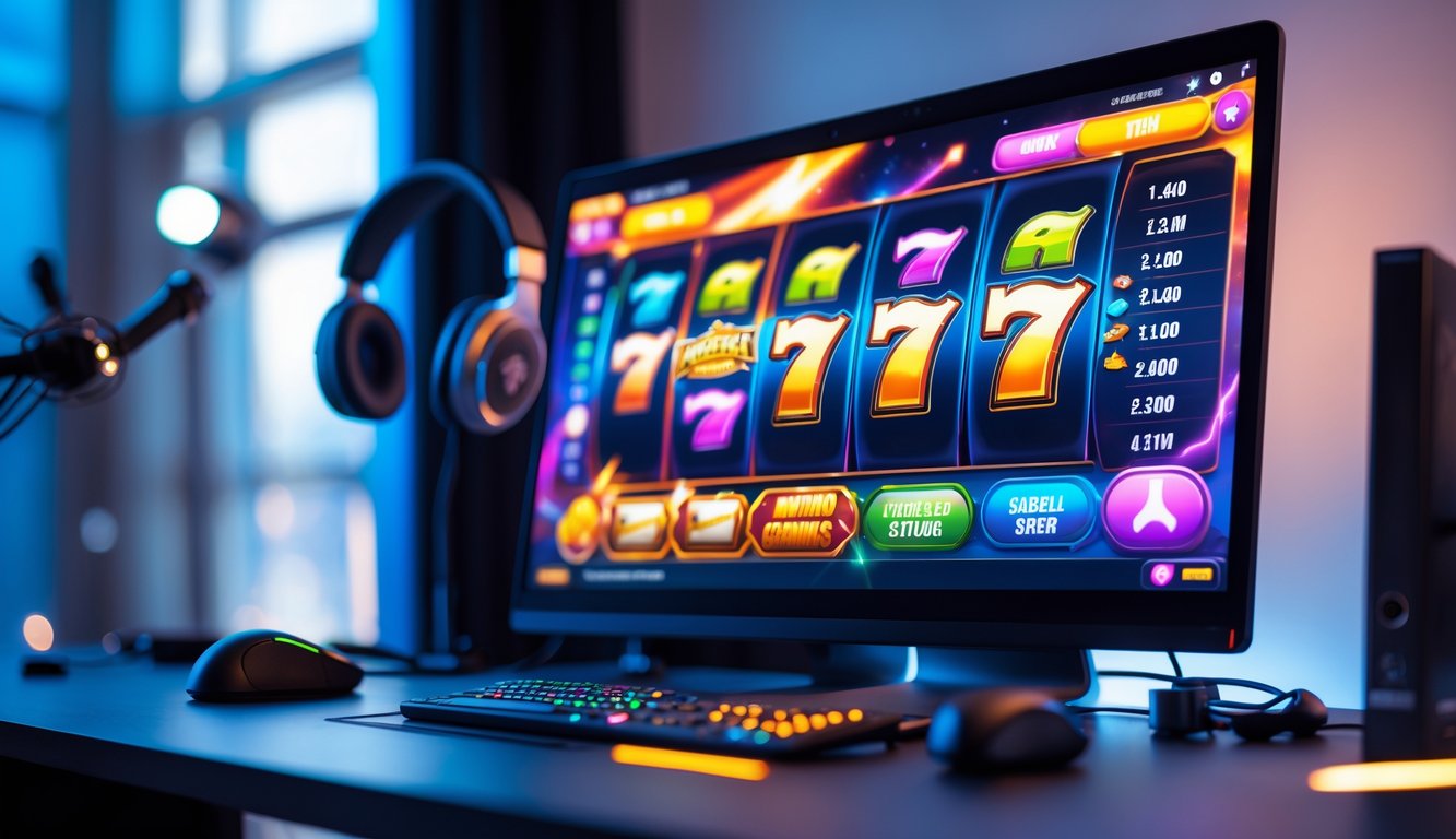 Seseorang sedang bermain permainan slot online di komputer dengan tampilan grafis warna-warni di layar dalam ruangan yang terang dan rapi.