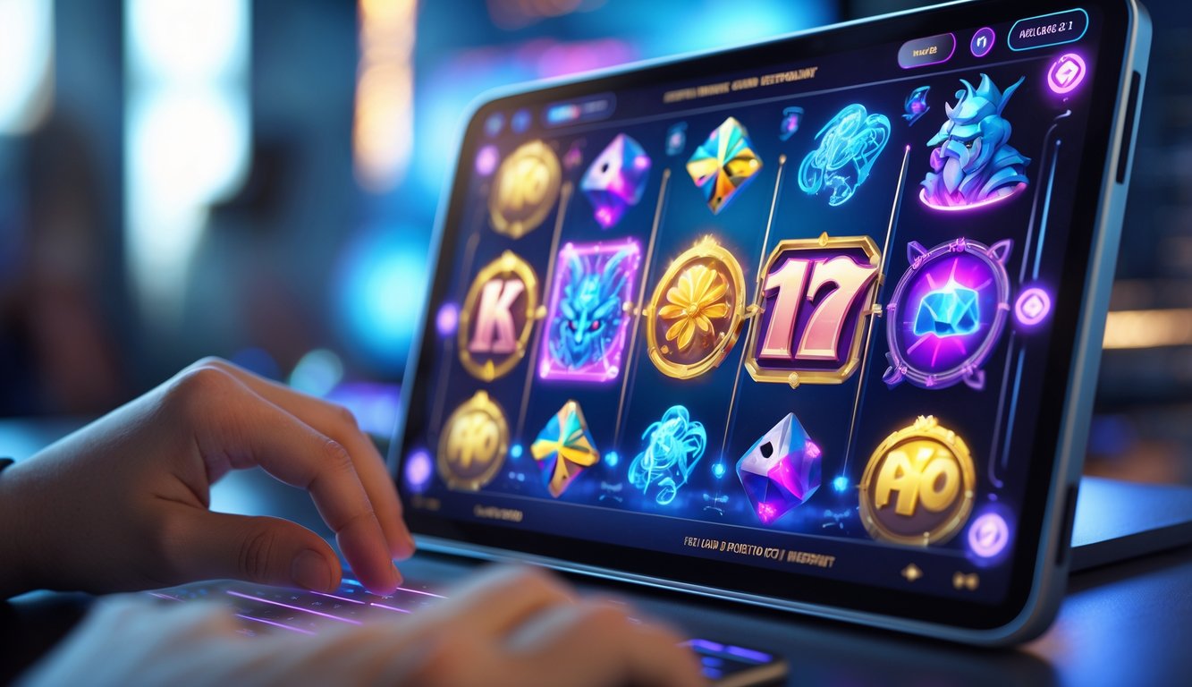 Seseorang menggunakan komputer atau tablet untuk bermain permainan slot online dengan tema kreatif dan warna-warni.