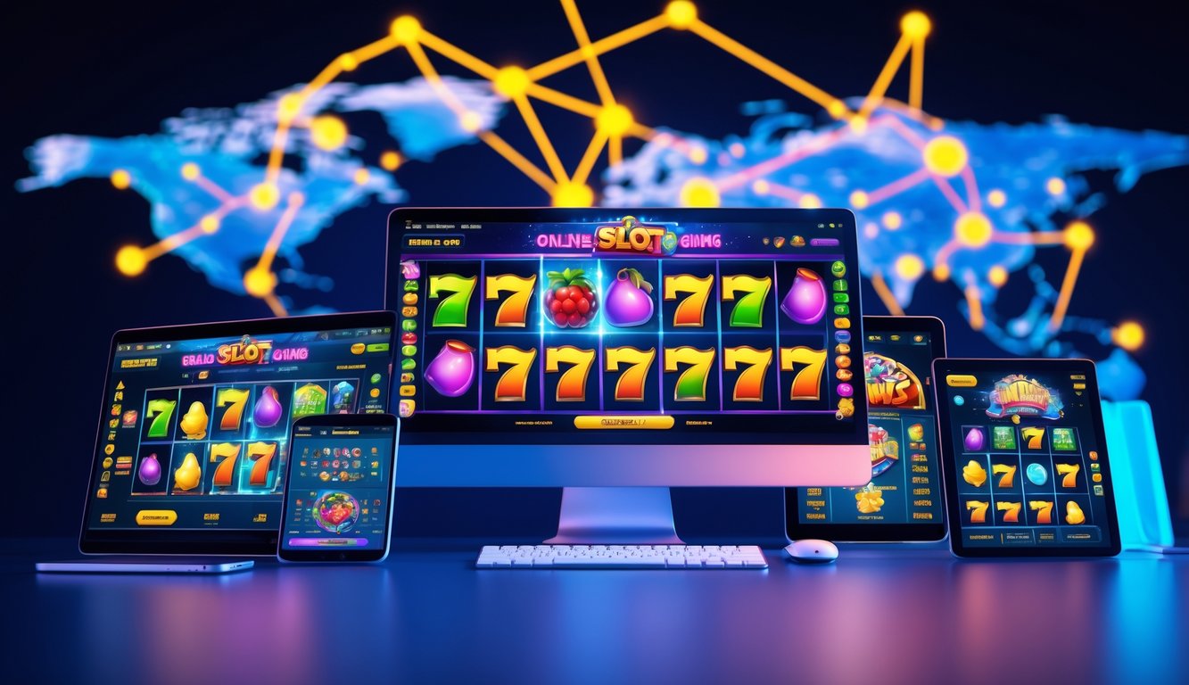 Tampilan perangkat digital yang menampilkan permainan slot online dengan latar peta dunia yang menyala.