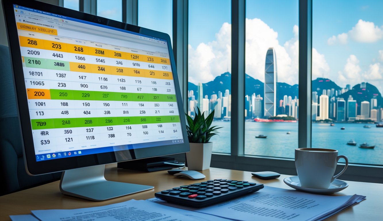 Seorang pria di kantor dengan layar komputer yang menampilkan angka lotere dan pemandangan kota Hong Kong di latar belakang.