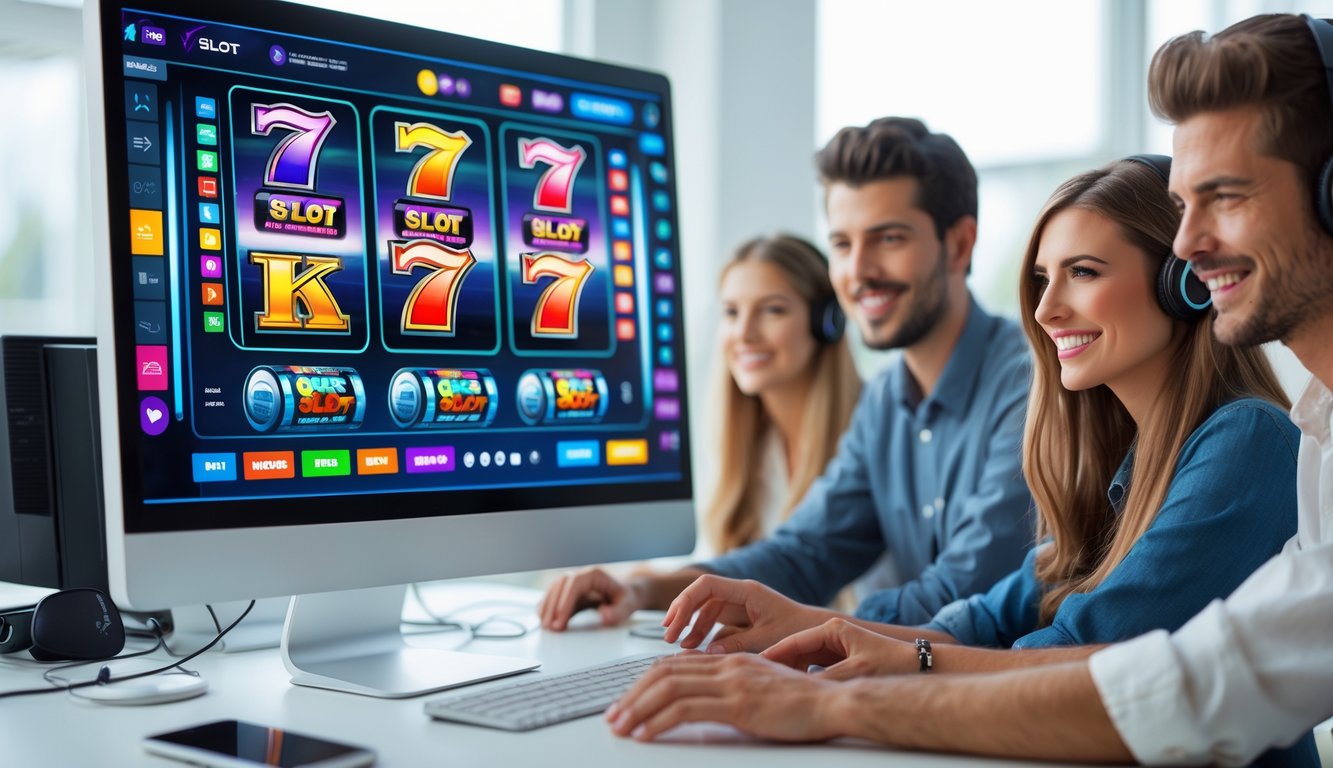 Beberapa orang muda sedang menggunakan komputer dengan tampilan permainan slot online yang cerah dan mudah digunakan di sebuah ruangan kantor yang terang.