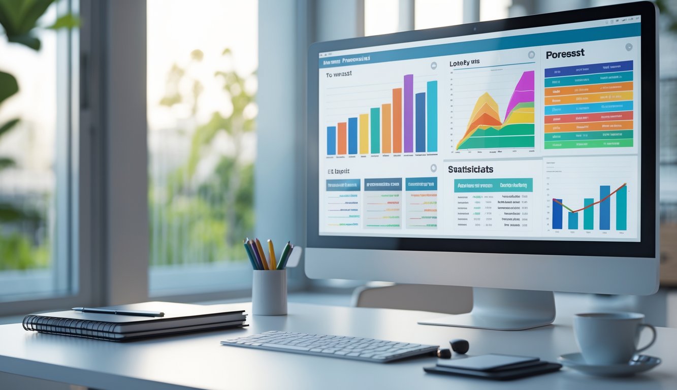 Meja kerja modern dengan komputer menampilkan grafik dan data, serta perlengkapan tulis dan secangkir kopi di sampingnya.