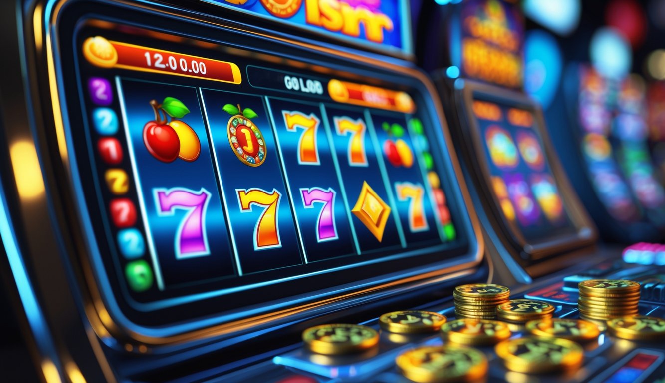 Tampilan layar mesin slot online dengan simbol warna-warni yang terang dan grafis berkualitas tinggi.