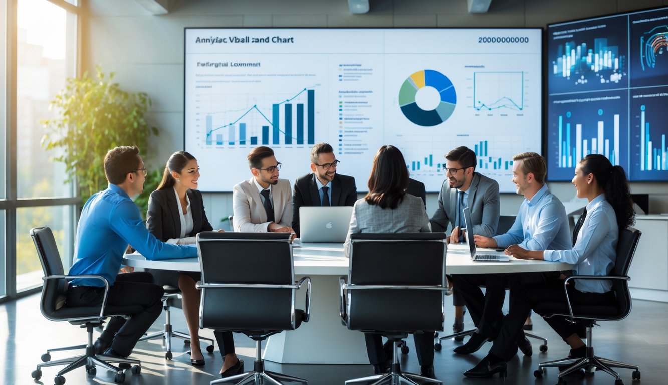 Sekelompok profesional sedang berdiskusi di ruang kantor modern dengan meja konferensi dan layar digital di latar belakang.
