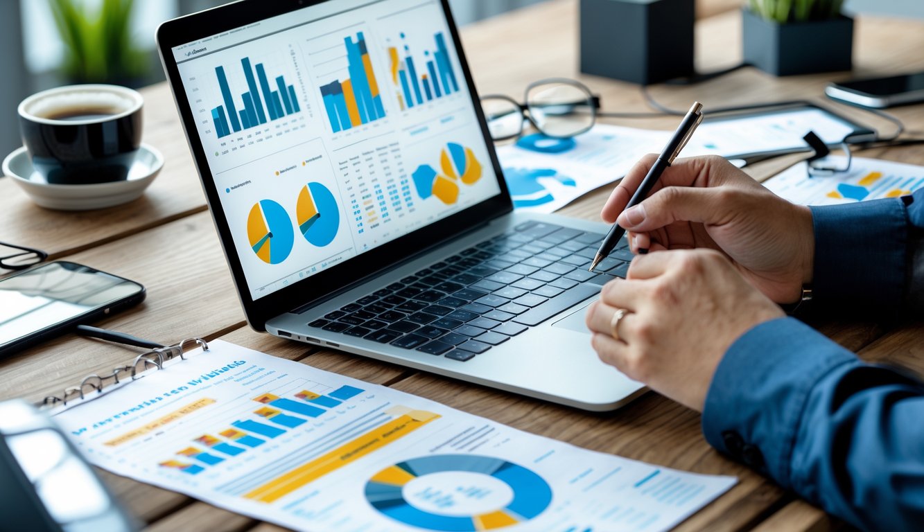 Meja kerja dengan laptop menampilkan data angka dan grafik, tangan seseorang menunjuk data pada kertas, di sekitar ada kopi, ponsel, dan kacamata.
