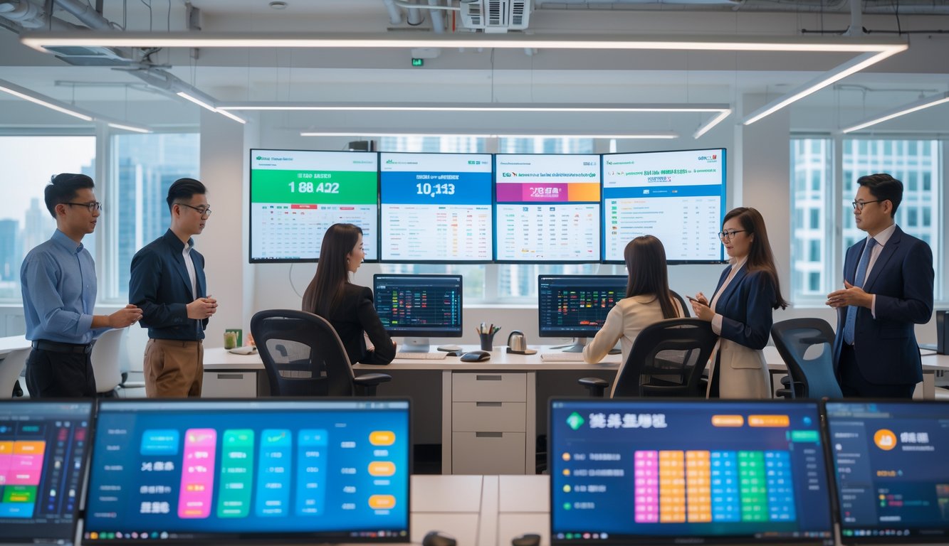 Sekelompok orang bekerja bersama di kantor modern dengan komputer yang menampilkan data dan grafik terkait aktivitas lotere online.