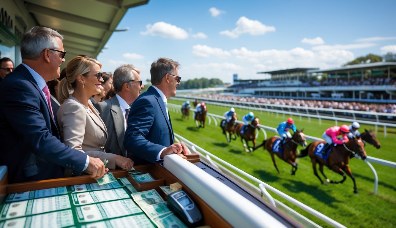 Orang-orang sedang memasang taruhan pacuan kuda di arena balap dengan kuda dan joki yang sedang berlomba.