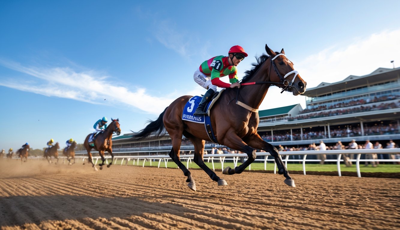 Seorang joki sedang menunggangi kuda pacuan yang berlari cepat di lintasan balapan dengan penonton di latar belakang.