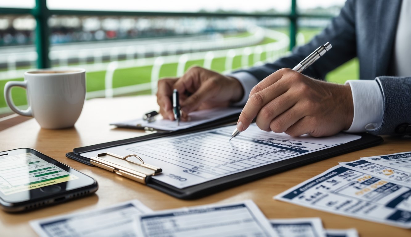 Seseorang sedang mengisi slip taruhan kuda dengan latar belakang lintasan pacuan kuda.