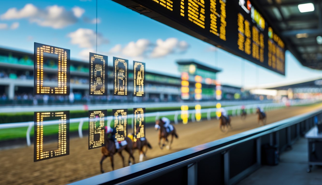 Layar digital menampilkan angka peluang pacuan kuda dengan latar belakang pacuan kuda dan penonton di tribun.