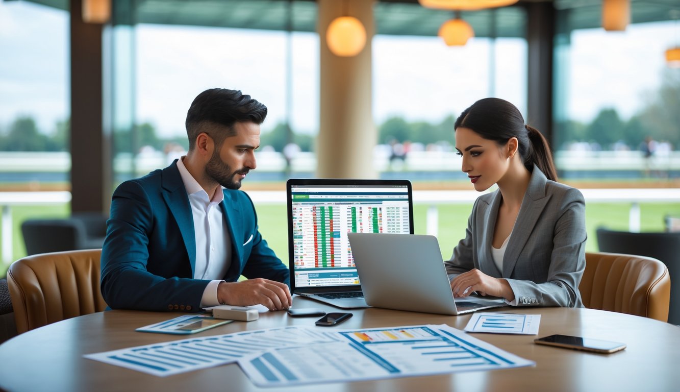 Seorang pria dan wanita sedang duduk di meja, menganalisis data taruhan kuda dengan latar belakang lintasan pacuan kuda.