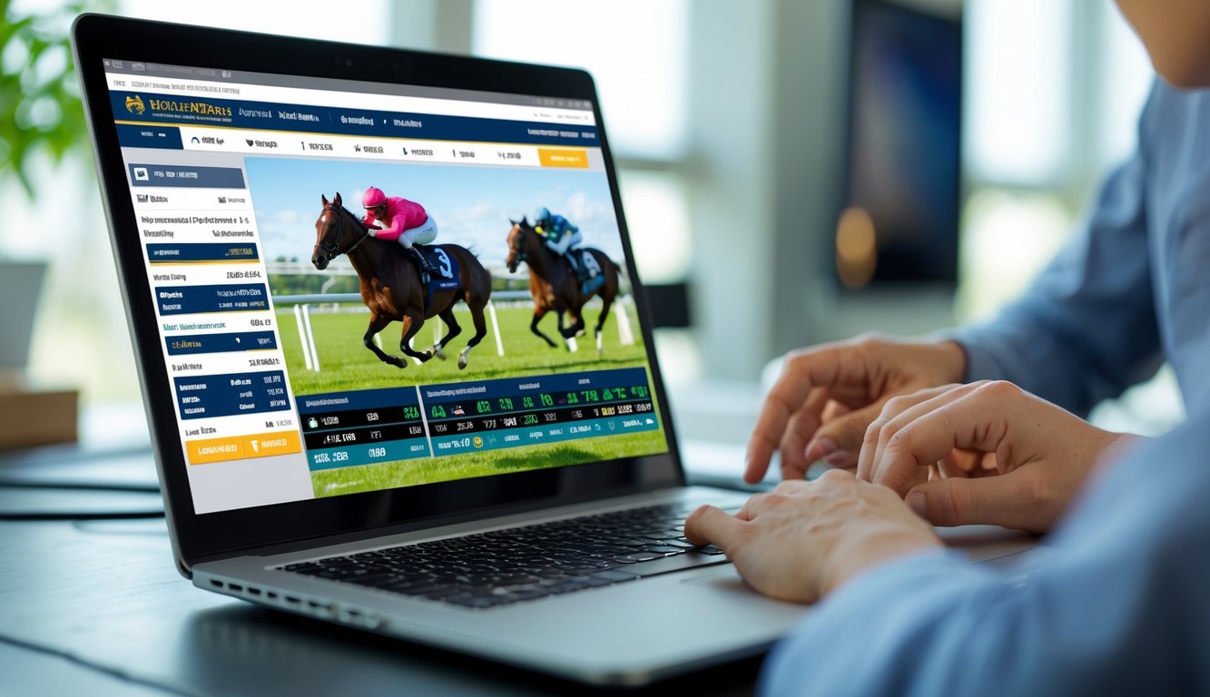 Seseorang menggunakan komputer untuk mengikuti balap kuda secara online di ruang kerja yang rapi.