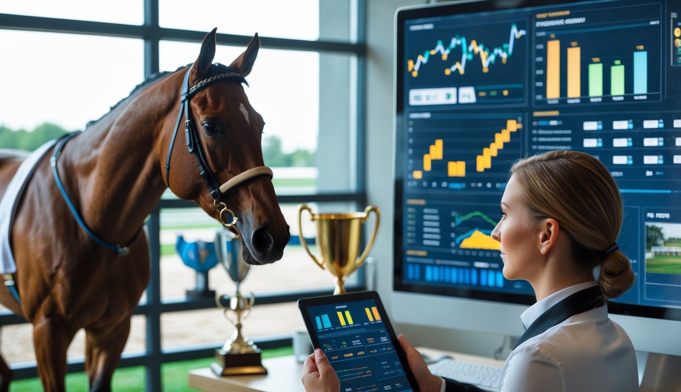 Seorang analis sedang memeriksa data kuda balap di kantor dengan seekor kuda balap berdiri di dekatnya.