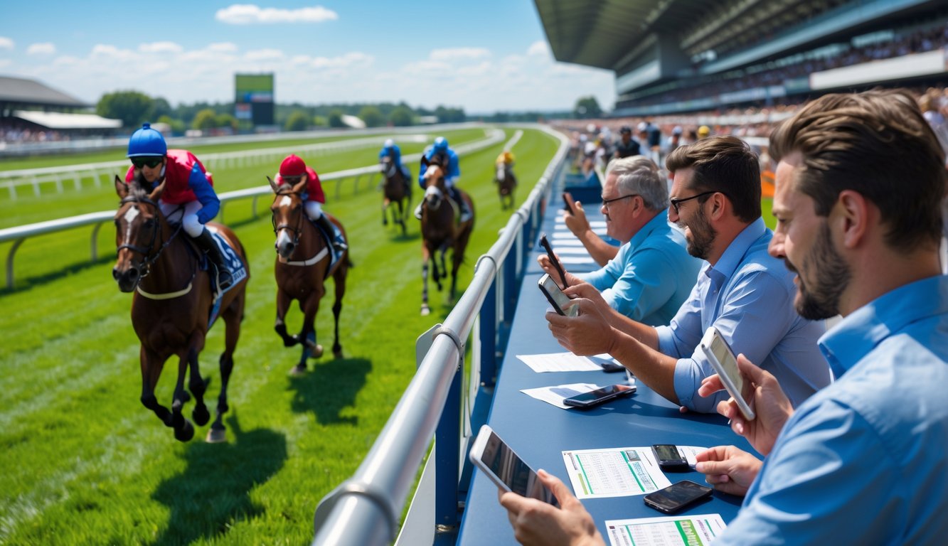 Orang-orang sedang memasang taruhan pada pacuan kuda yang sedang berlangsung di lintasan balap.