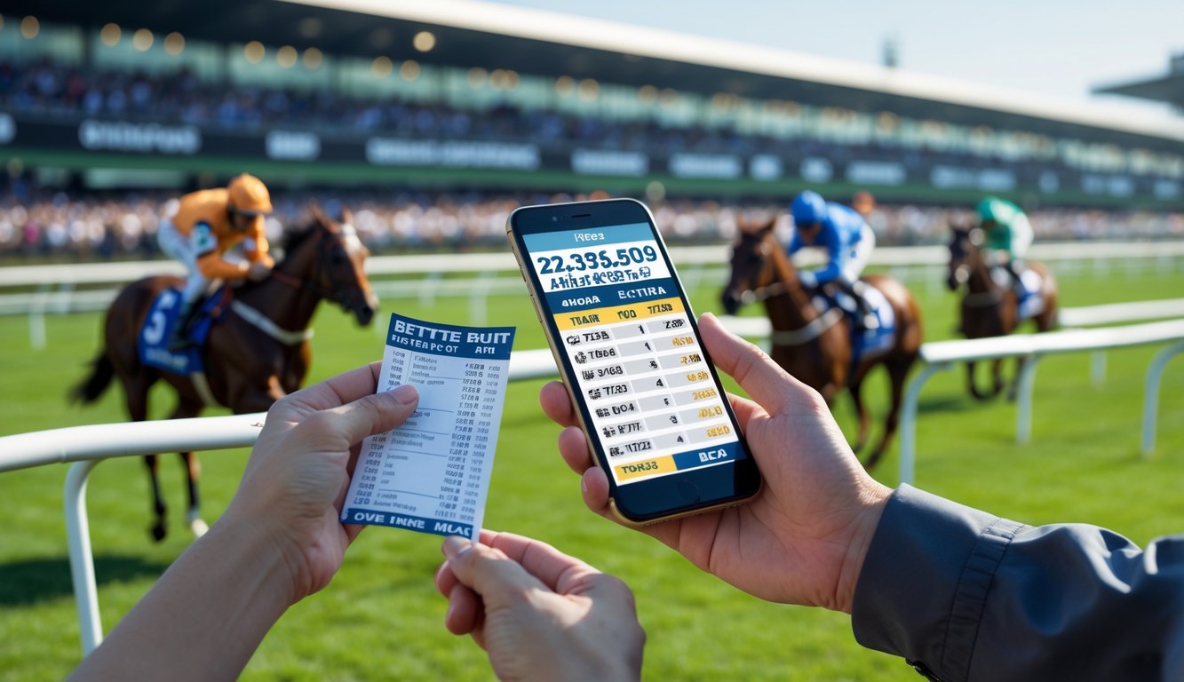 Seseorang memegang tiket taruhan dan ponsel dengan balapan kuda sedang berlangsung di latar belakang.