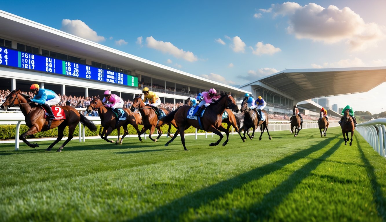 Beberapa kuda pacu sedang berlari cepat di lintasan dengan joki mengenakan pakaian berwarna-warni, penonton di latar belakang, dan papan skor digital menampilkan hasil balapan.