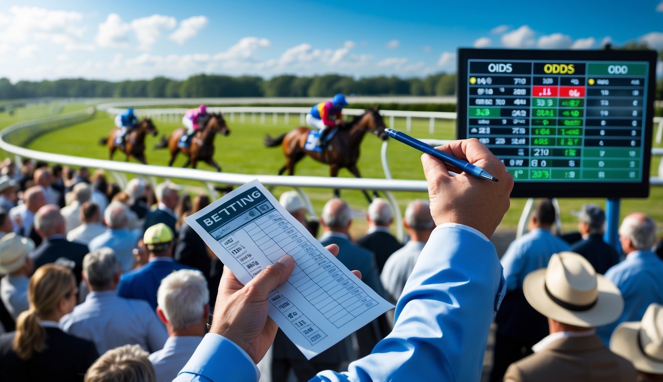 Orang sedang memasang taruhan di balapan kuda dengan kuda dan joki yang berlomba di latar belakang.