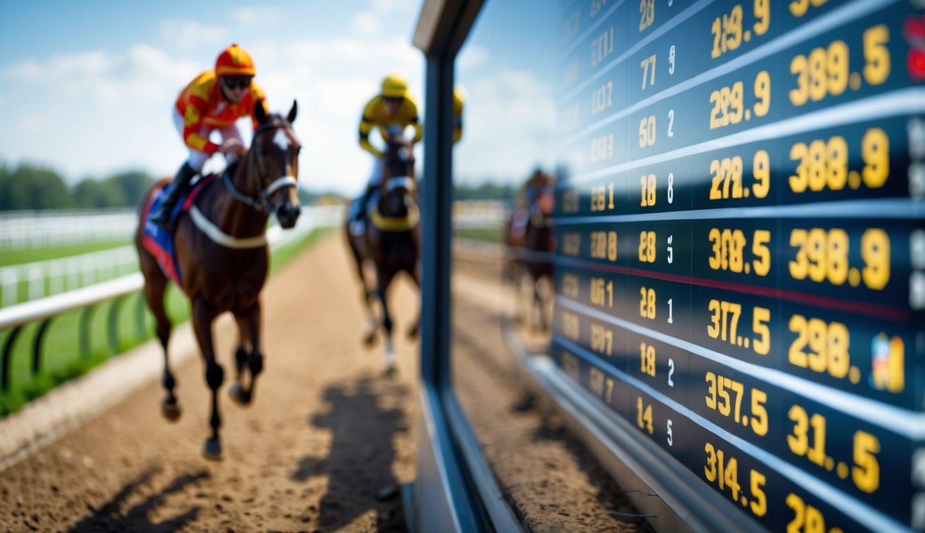 Papan taruhan balap kuda dengan latar belakang kuda dan joki sedang berlomba di lintasan.