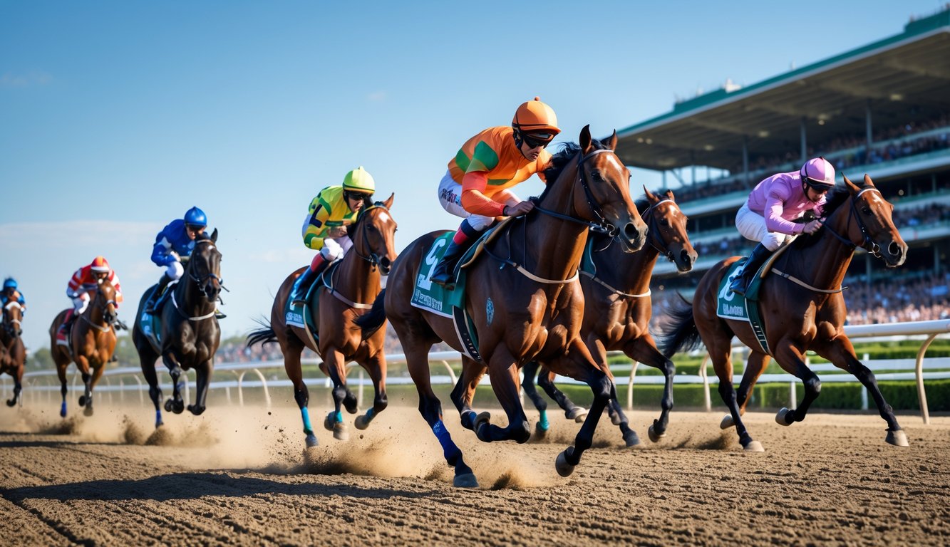 Beberapa kuda pacuan dengan joki berwarna-warni sedang berlari cepat di lintasan balap dengan tribun penonton penuh di latar belakang.