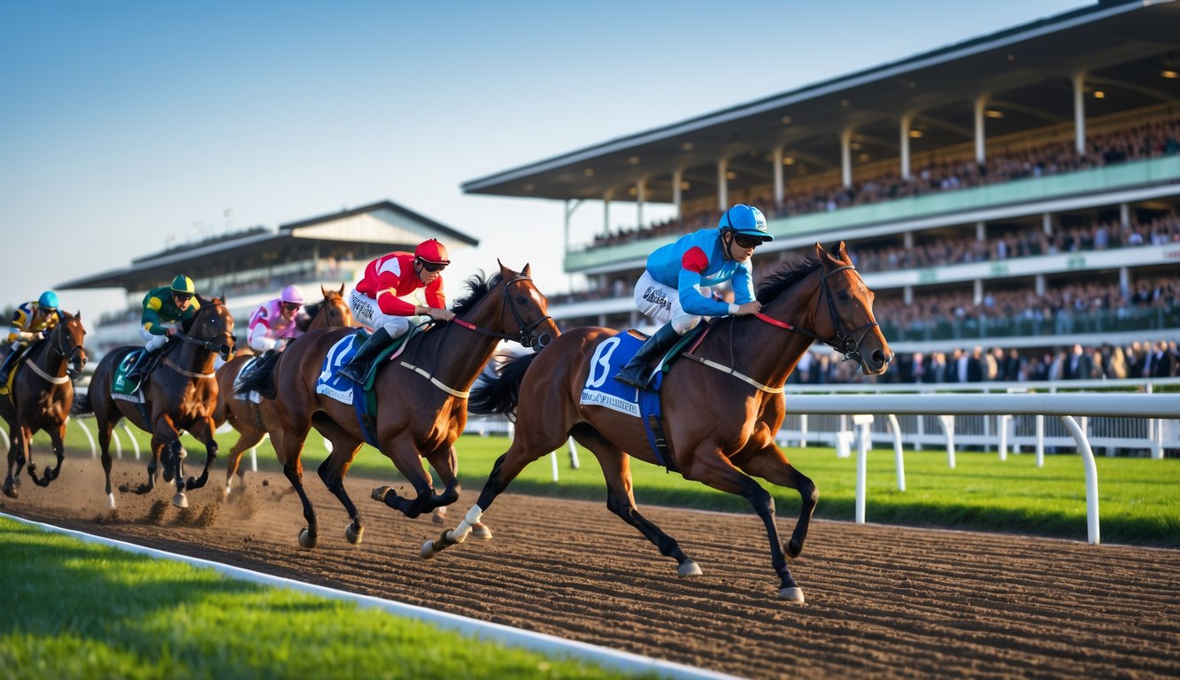 Beberapa kuda pacu dengan joki sedang berlari kencang di lintasan balap kuda dengan penonton di tribun.