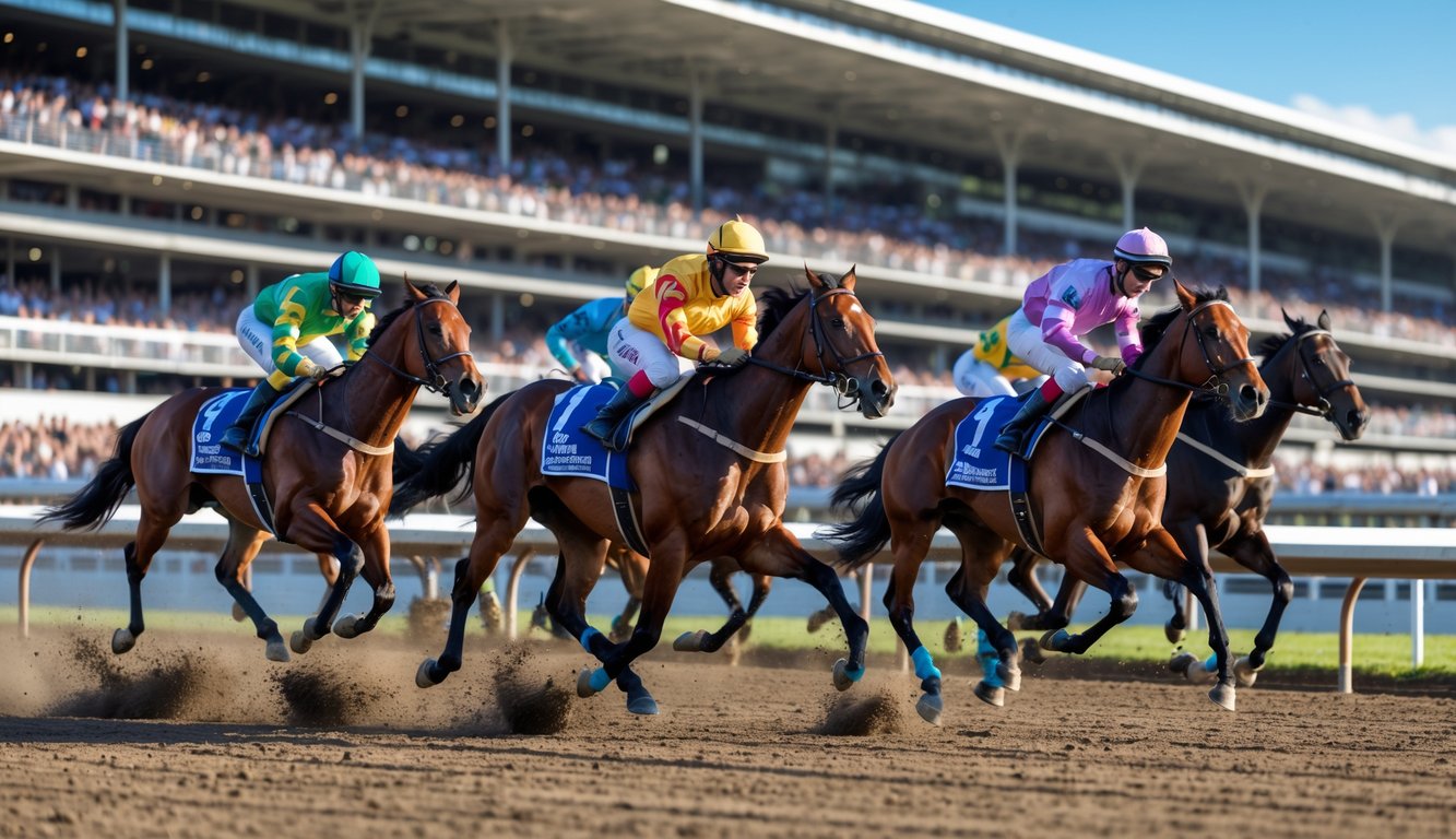 Beberapa kuda pacuan berlari cepat di lintasan dengan joki mengenakan pakaian balap berwarna-warni, di depan kerumunan penonton di tribun.