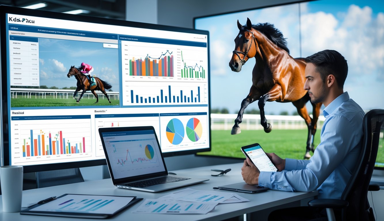 Seorang analis sedang memeriksa data kuda pacu di kantor dengan layar digital besar menampilkan grafik dan statistik kuda pacu.