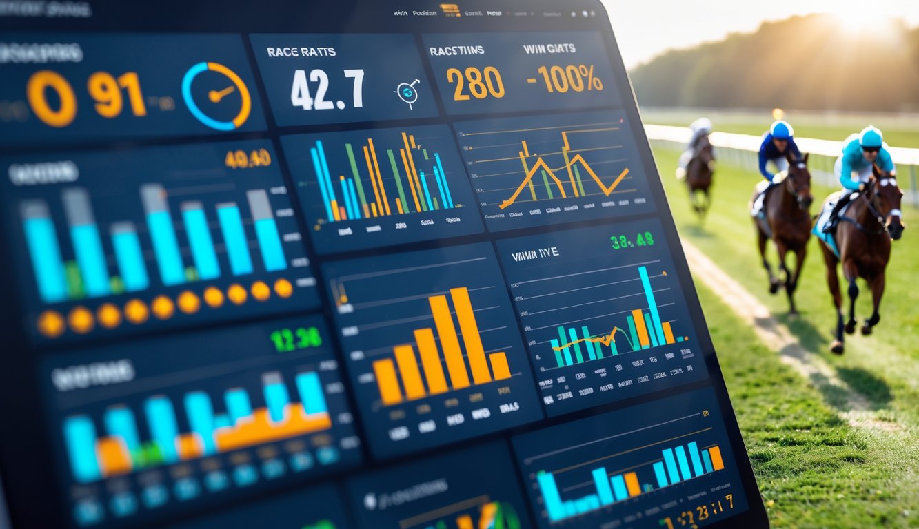 Layar digital menampilkan grafik dan statistik balap kuda dengan latar belakang balapan kuda yang sedang berlangsung.