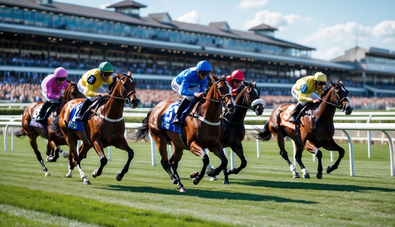 Lomba balap kuda dengan beberapa joki yang sedang mengendarai kuda di lintasan balap.