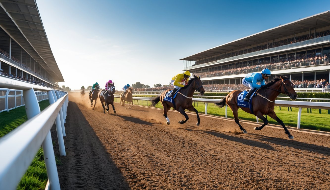 Arena balap kuda dengan kuda dan joki sedang berlari di lintasan, penonton di tribun, dan langit cerah.