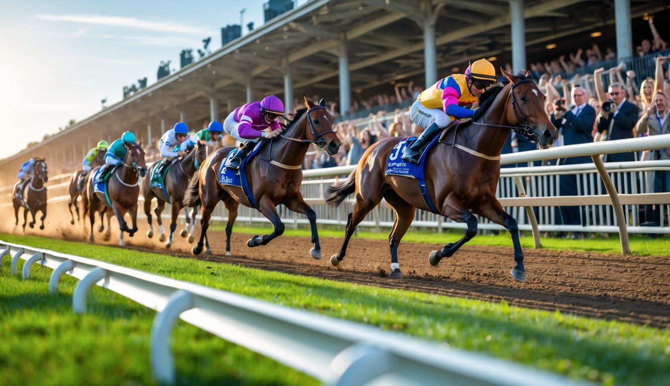 Beberapa kuda pacu berlari cepat menuju garis finis dengan joki mengenakan pakaian balap berwarna-warni, di latar belakang penonton menyemangati.